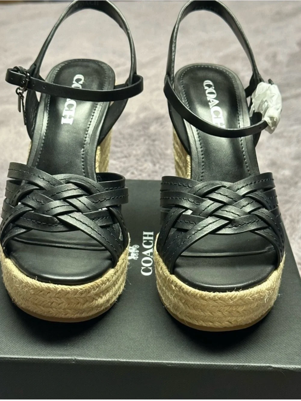 Coach Black Leather Braided Platform Espadrille Wedge Sandals
